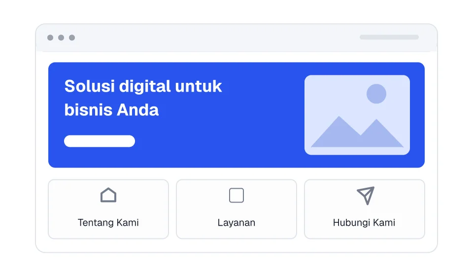 Ilustrasi halaman website dengan banner dan menu Tentang Kami, Layanan, Hubungi Kami
