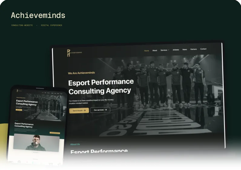 Mockup website Achieveminds di laptop dan ponsel