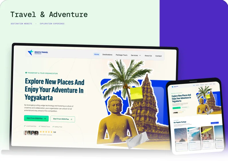 Mockup website Travel & Adventure di laptop dan tablet